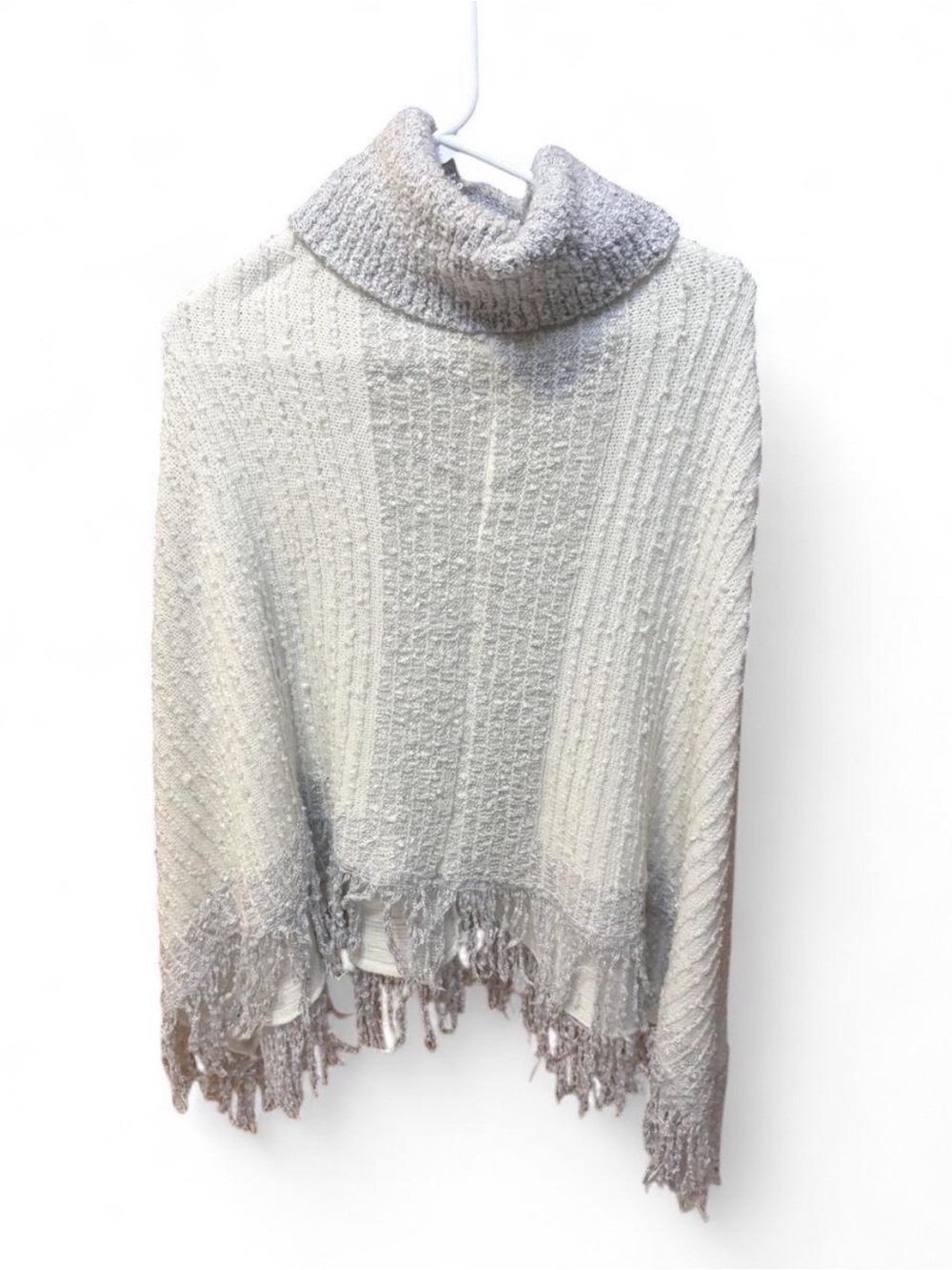 Cato Cream and Gray Turtleneck Fringe Poncho Sweater